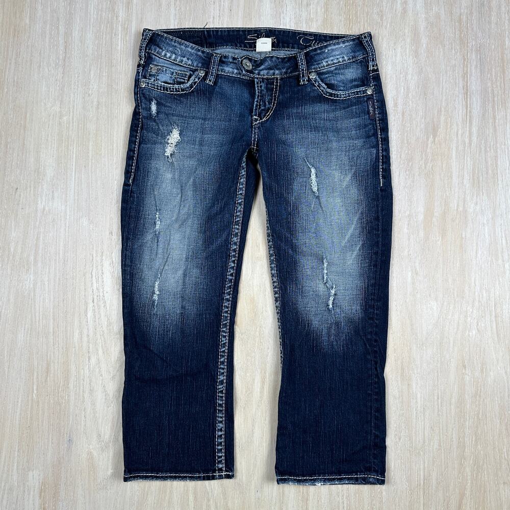 Silver Jeans Tuesday Crop Distressed Low Rise Dark Wash Casual Denim Jeans 27